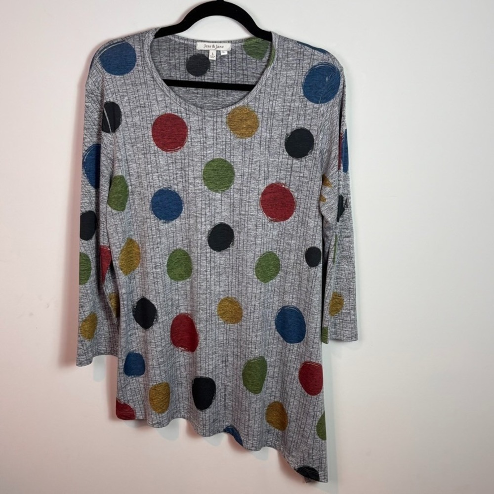 Jess & Jane Womens Dancing Dots Slinky Knit Asymmetrical Hem Tunic Top LG artsy